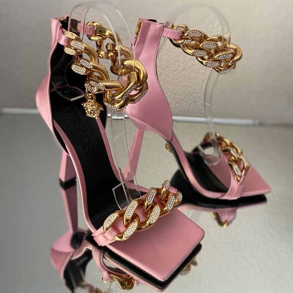 New Versace Crystal Chain High-Heel Sandals Pink 37 $1,725 - Picture 8 of 16
